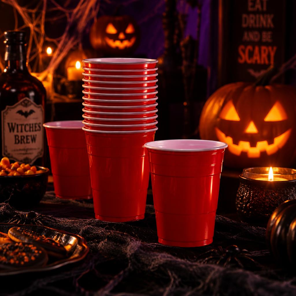 Red party cups on a Halloween party table