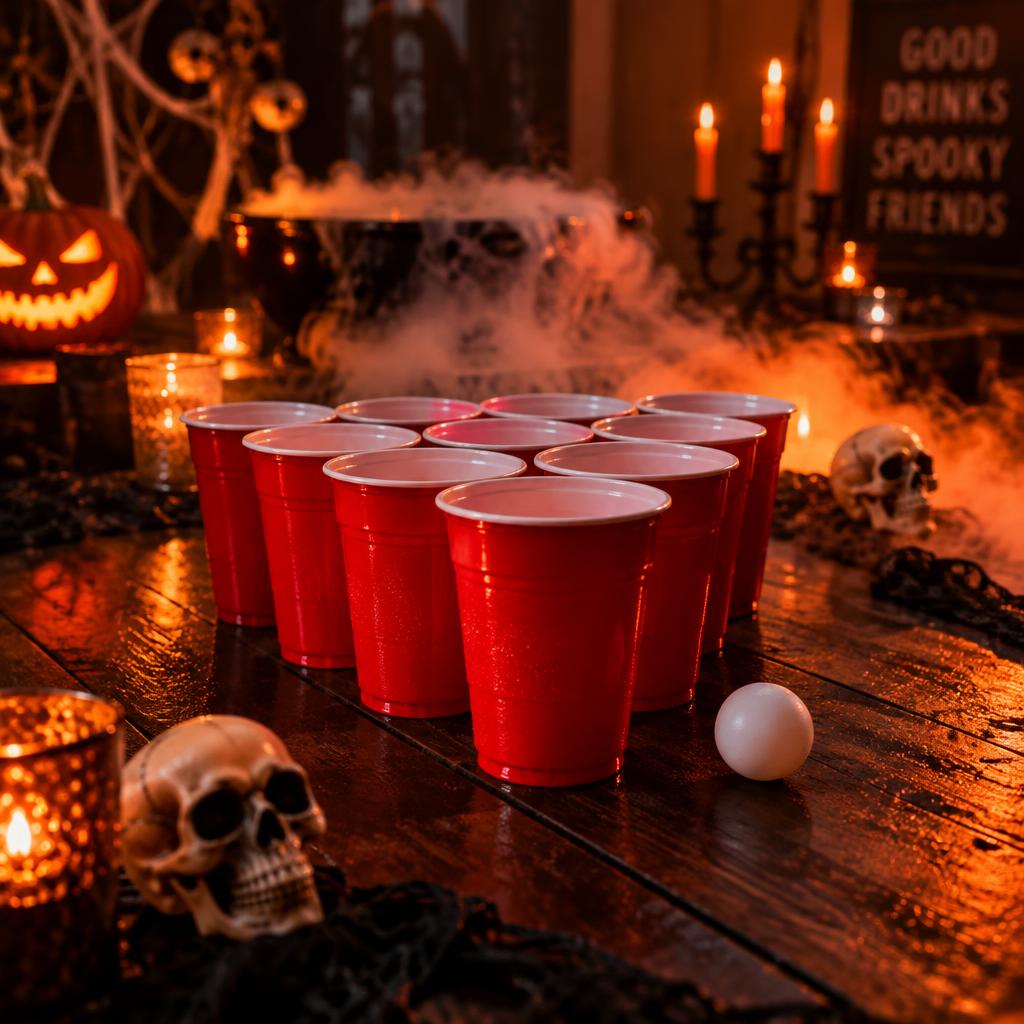 Red cups set up for a game on a spooky party table