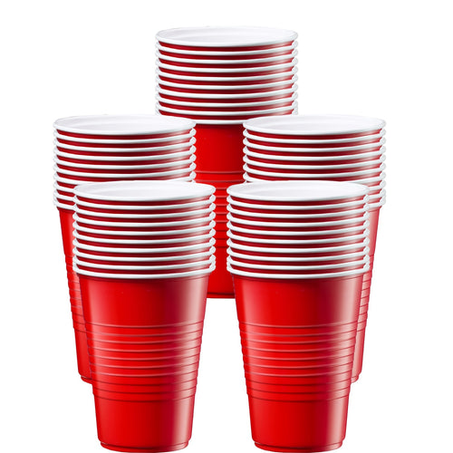 Stacks of red plastic party cups