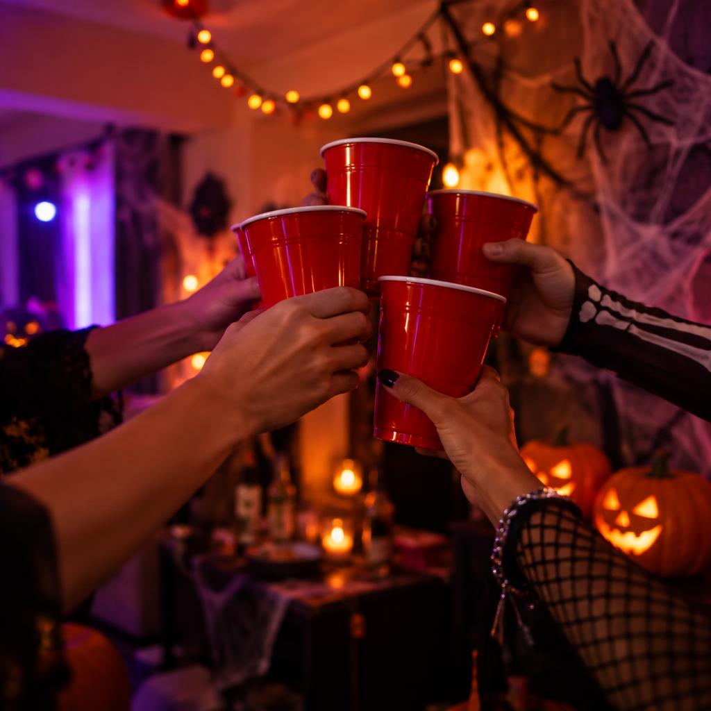 Friends toasting with red cups at a Halloween party