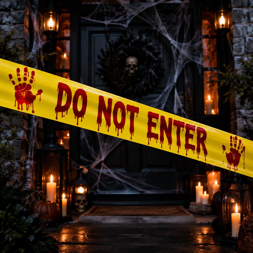Yellow Halloween caution tape with blood-red Do Not Enter lettering and handprints across a haunted doorway