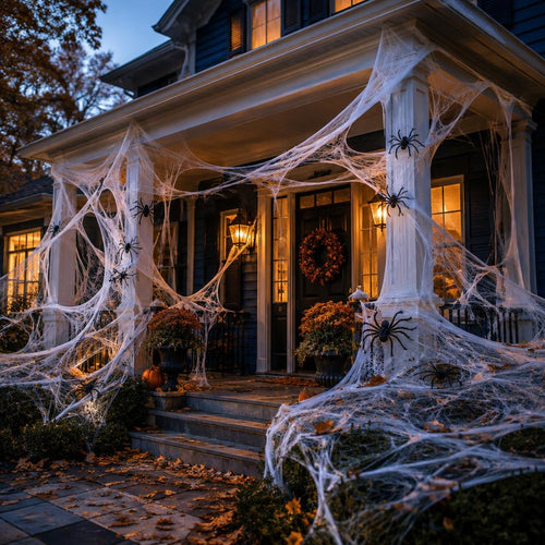 Stretch spider web decoration with black spiders draped over a house porch at dusk